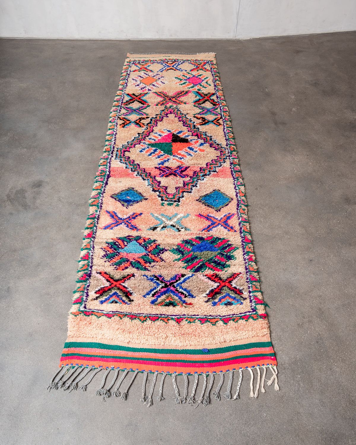 Modern, designer, handcrafted Berber runner rug from Morocco. Vintage carpet with beautiful colours and patterns and fluffy texture.